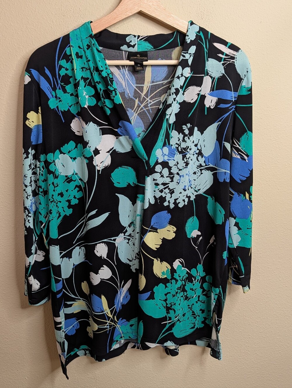 Worthington Floral Print Surplice Topβ XL Black Teal Blue Botanical Print